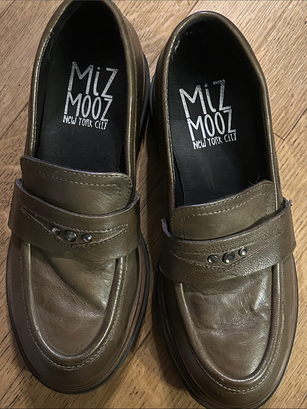 Miz Mooz Damian Taupe Leather Loafers with Stud Detail size 36